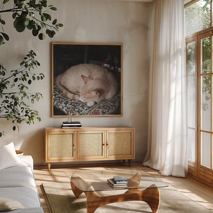 Sleepy Afternoon by Laura Marshall. Shown in a natural wood frame in a cozy modern living room. Available as an archival giclee rolled canvas, fine art paper, or poster print. SKU 38779a.