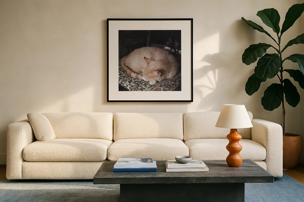 Sleepy Afternoon by Laura Marshall. Displayed in a glass frame with matte in a clean modern living room. Available as an archival giclee rolled canvas, fine art paper, or poster print. SKU 38779a.