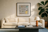 Smitten With Spring I by Laura Marshall. Displayed in a glass frame with matte in a clean modern living room. Available as an archival giclee rolled canvas, fine art paper, or poster print. SKU 30825a.