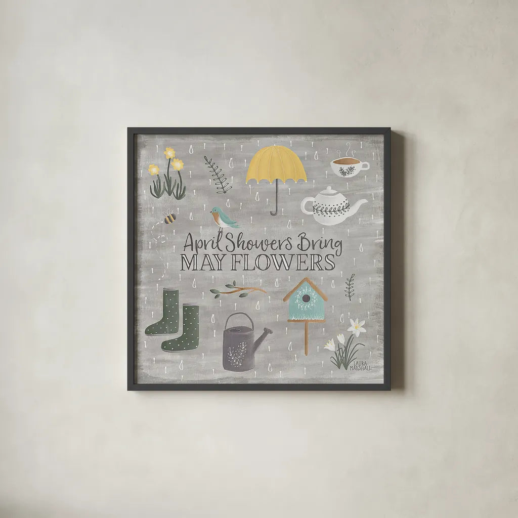 Smitten With Spring II by Laura Marshall. Shown in a sleek black glass frame for a contemporary gallery look. Available as an archival giclee rolled canvas, fine art paper, or poster print. SKU 30826a.