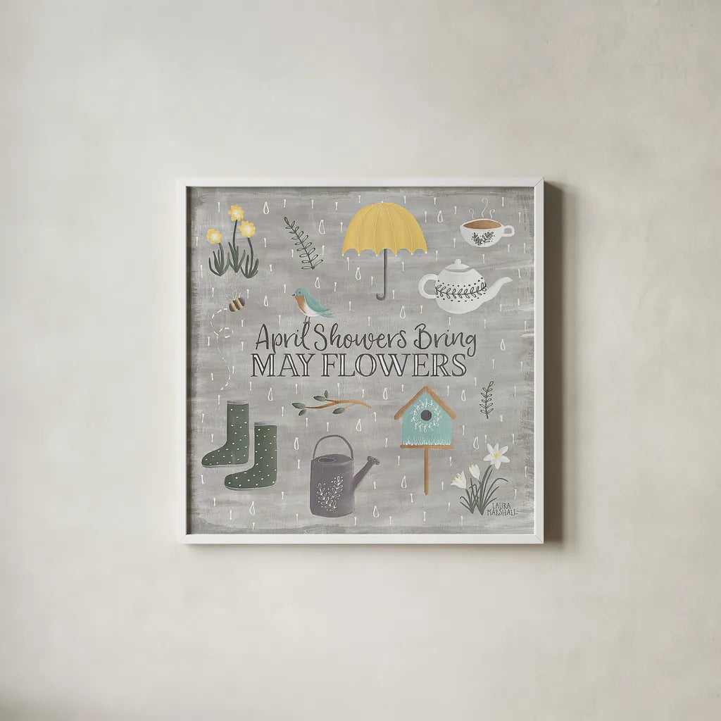 Smitten With Spring II by Laura Marshall. Shown in a crisp white glass frame for a clean and minimalist style. Available as an archival giclee rolled canvas, fine art paper, or poster print. SKU 30826a.