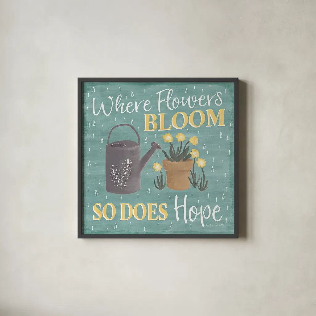 Smitten With Spring VI by Laura Marshall. Shown in a sleek black glass frame for a contemporary gallery look. Available as an archival giclee rolled canvas, fine art paper, or poster print. SKU 30830a.