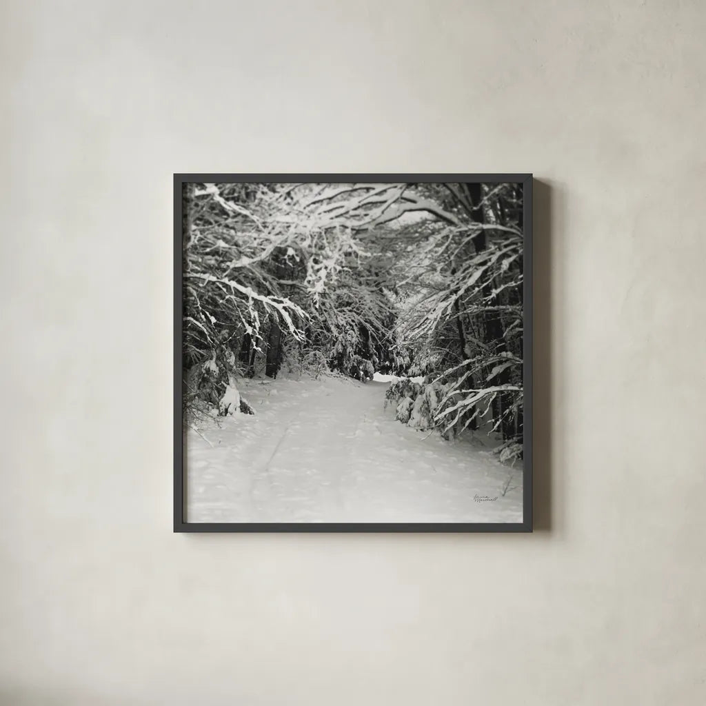 Snowed In by Laura Marshall. Shown in a sleek black glass frame for a contemporary gallery look. Available as an archival giclee rolled canvas, fine art paper, or poster print. SKU 34168a.
