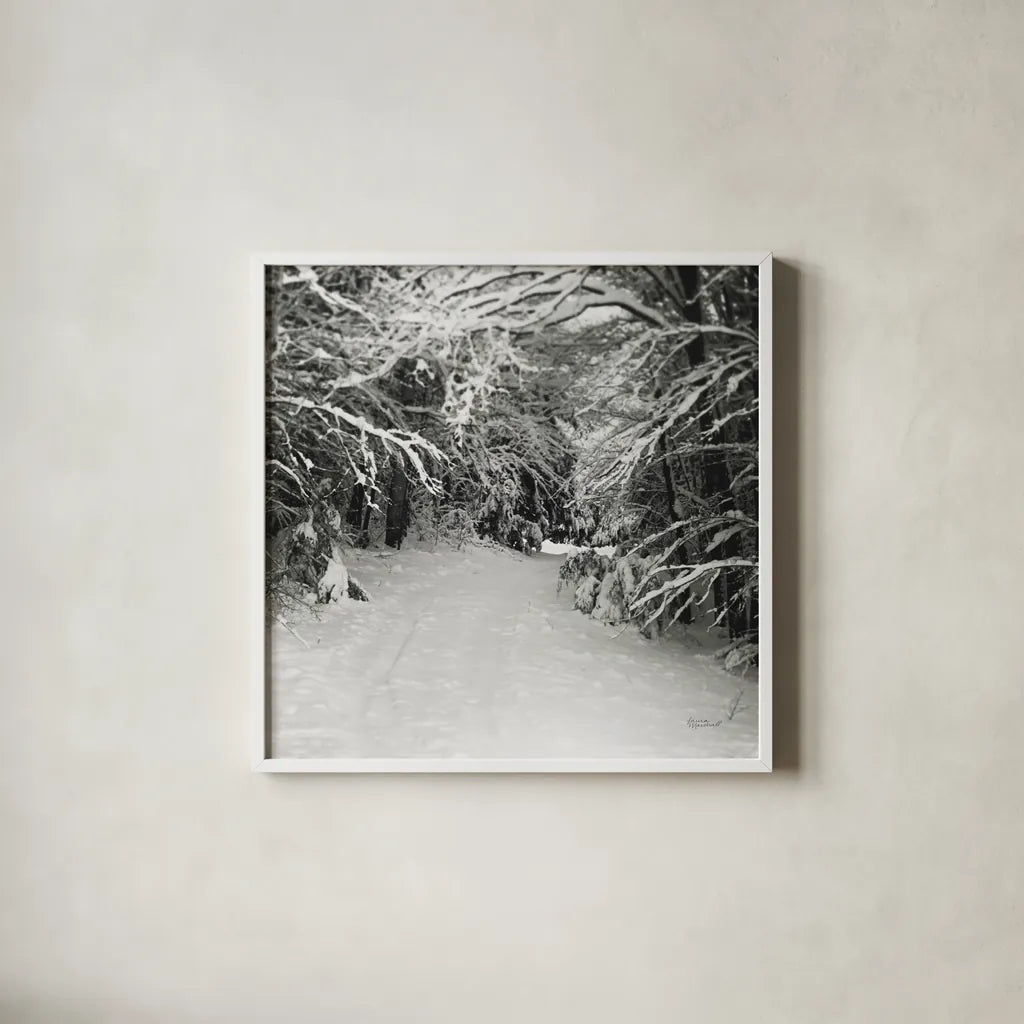 Snowed In by Laura Marshall. Shown in a crisp white glass frame for a clean and minimalist style. Available as an archival giclee rolled canvas, fine art paper, or poster print. SKU 34168a.