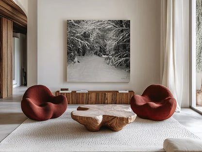 Snowed In by Laura Marshall. Shown as extra-large giant wall art in a modern living room. Available as an archival giclee rolled canvas, fine art paper, or poster print. SKU 34168a.