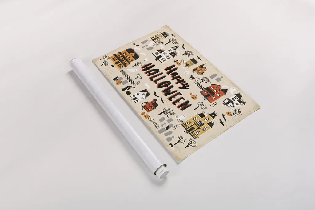 Spooky Village I Cream by Laura Marshall. shown as a rolled paper print. Available as archival giclee rolled canvas, fine art paper, or poster print. SKU 48103i.