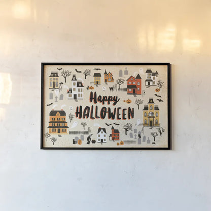 Spooky Village I Cream by Laura Marshall. shown as a paper print in a black flame. Available as a archival giclee rolled canvas, fine art paper, or poster print. SKU 48103i.