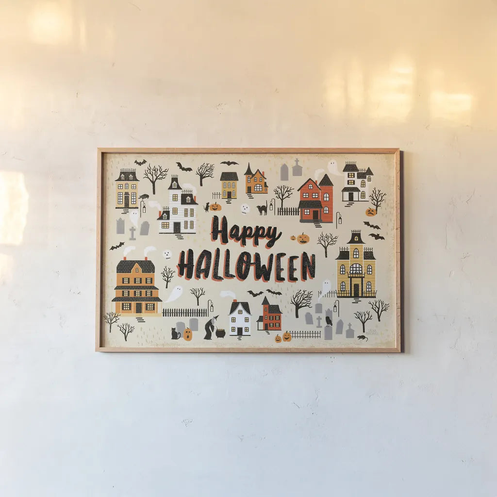 Spooky Village I Cream by Laura Marshall. shown as a paper print in a natural frame. Available as a archival giclee rolled canvas, fine art paper, or poster print. SKU 48103i.