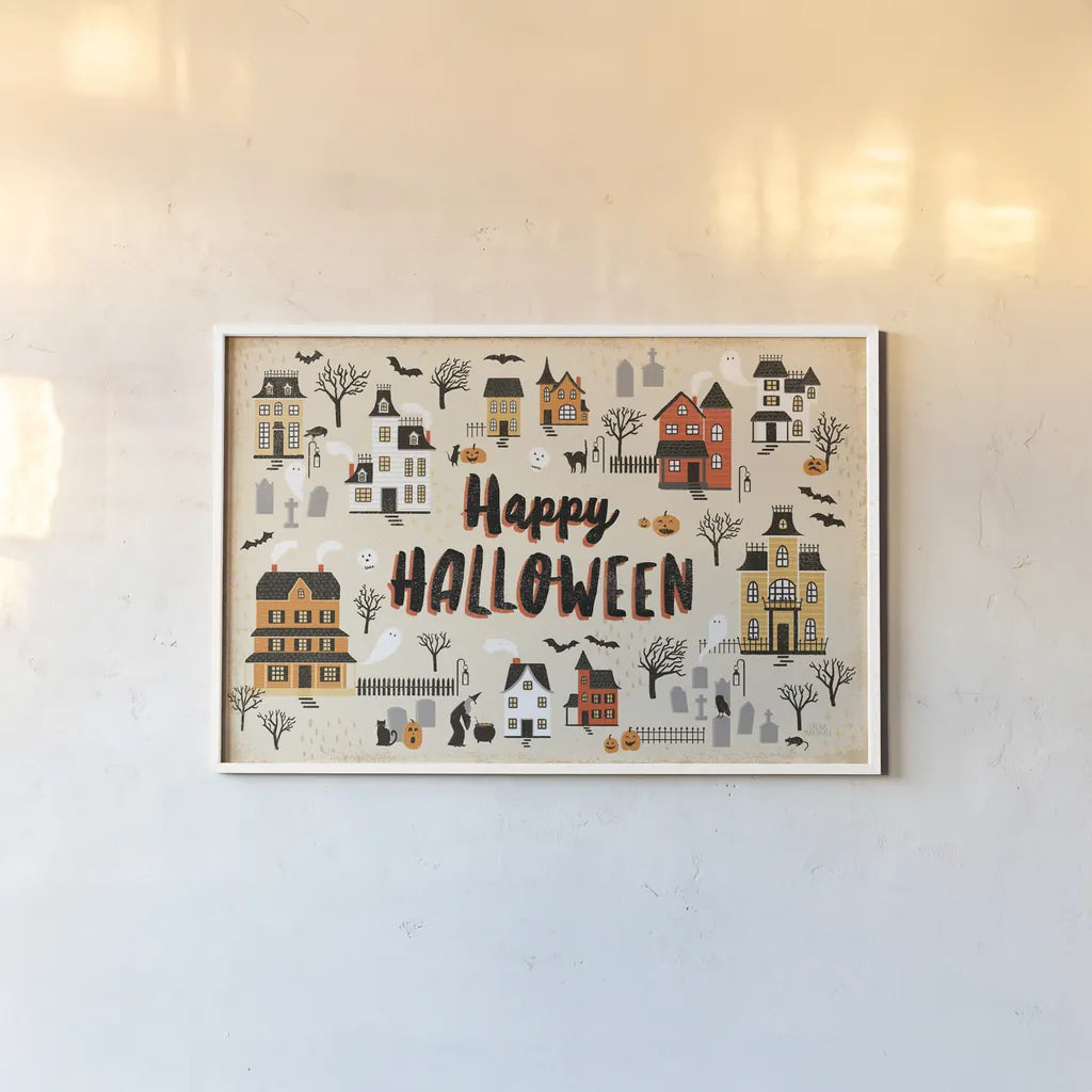 Spooky Village I Cream by Laura Marshall. shown as a paper print in a white frame. Available as a archival giclee rolled canvas, fine art paper, or poster print. SKU 48103i.