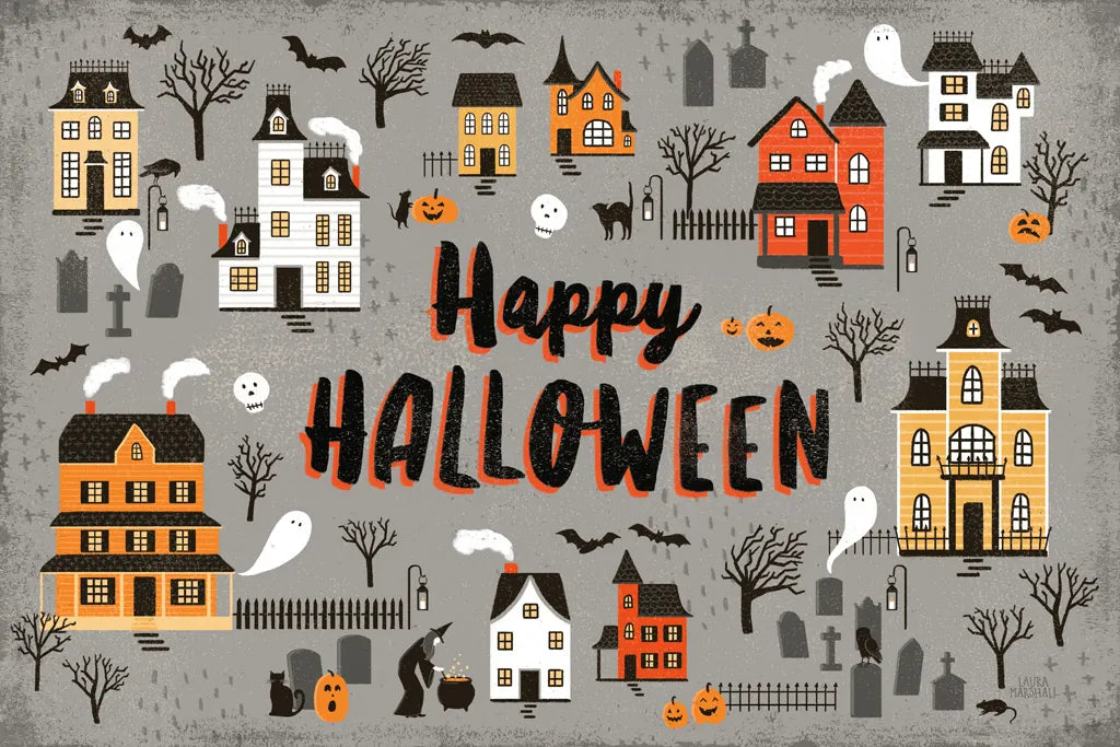 Spooky Village I Gray by Laura Marshall. SKU 48104i. Archival Giclee Fine art print for wall decor.