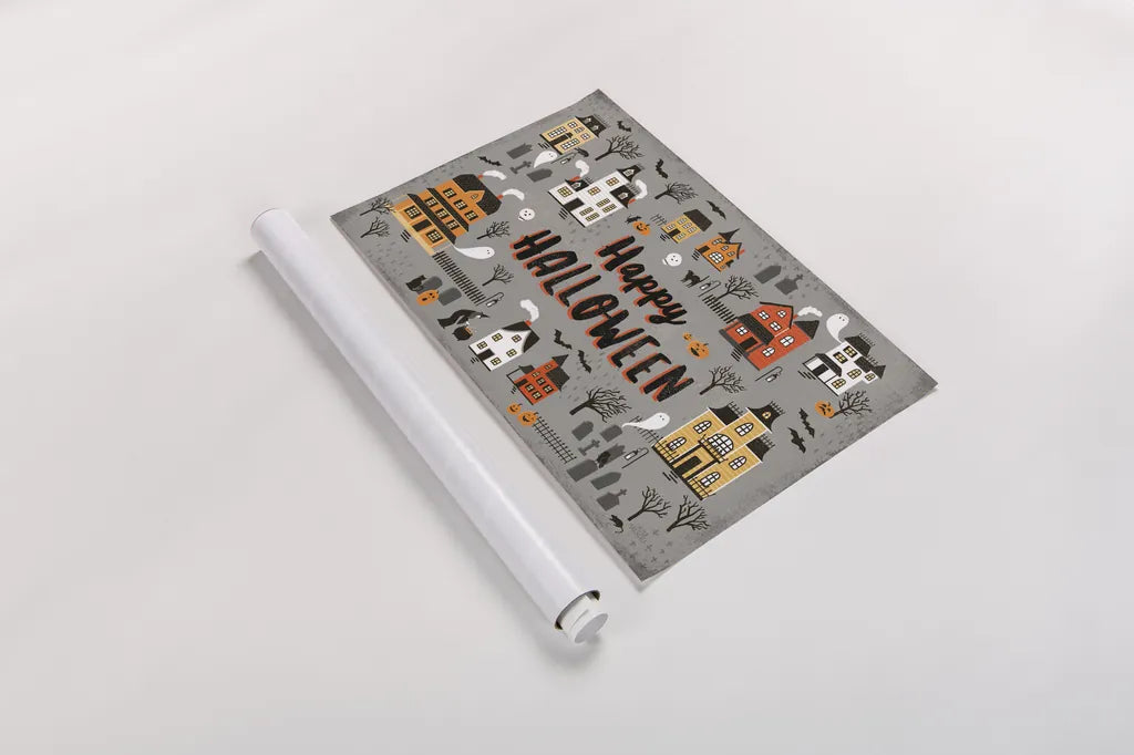 Spooky Village I Gray by Laura Marshall. shown as a rolled paper print. Available as archival giclee rolled canvas, fine art paper, or poster print. SKU 48104i.