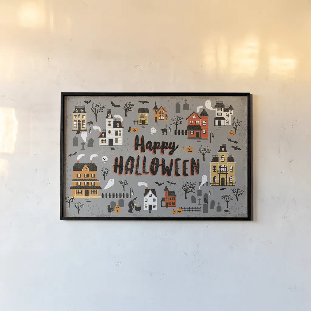Spooky Village I Gray by Laura Marshall. shown as a paper print in a black flame. Available as a archival giclee rolled canvas, fine art paper, or poster print. SKU 48104i.