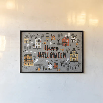 Spooky Village I Gray by Laura Marshall. shown as a paper print in a black flame. Available as a archival giclee rolled canvas, fine art paper, or poster print. SKU 48104i.