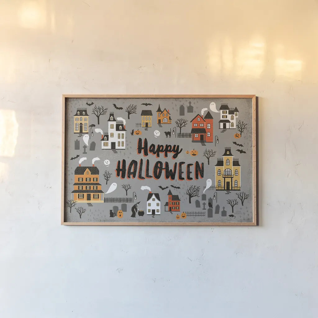 Spooky Village I Gray by Laura Marshall. shown as a paper print in a natural frame. Available as a archival giclee rolled canvas, fine art paper, or poster print. SKU 48104i.