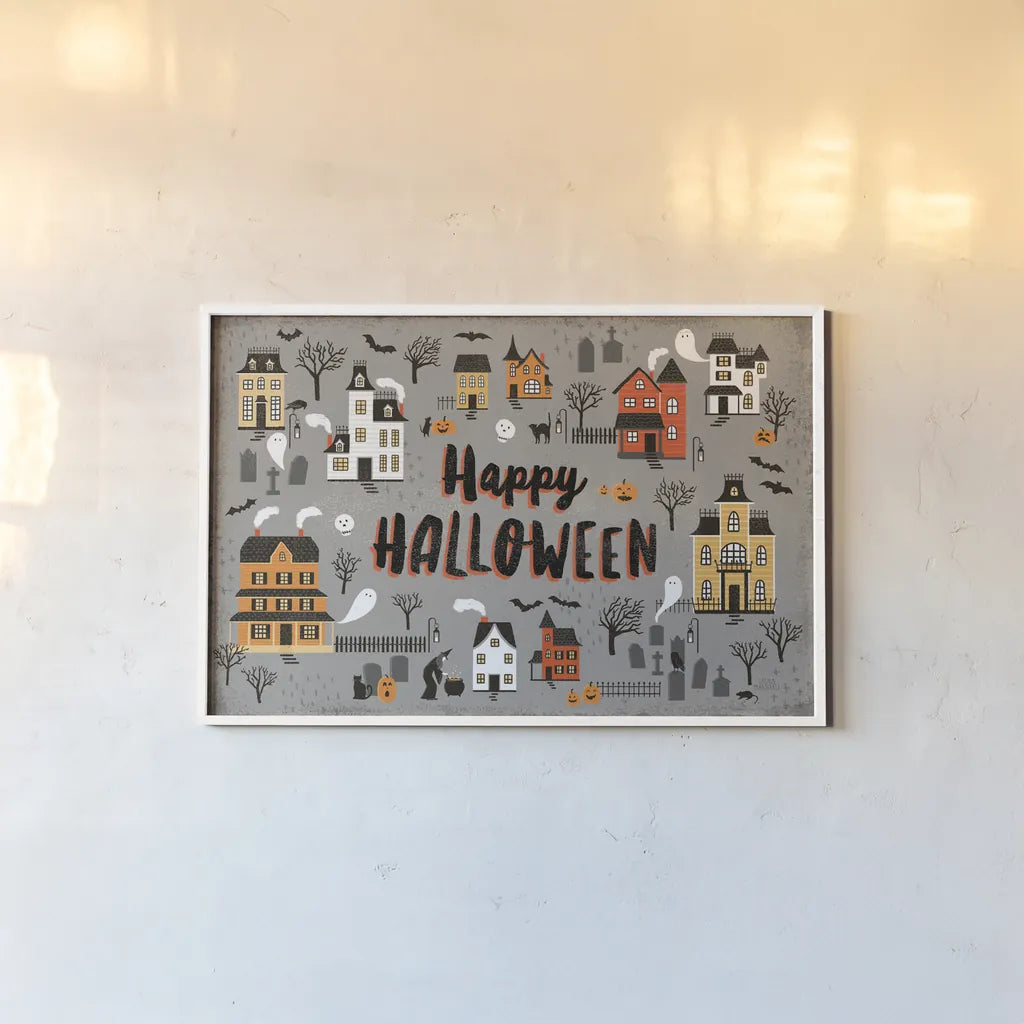 Spooky Village I Gray by Laura Marshall. shown as a paper print in a white frame. Available as a archival giclee rolled canvas, fine art paper, or poster print. SKU 48104i.