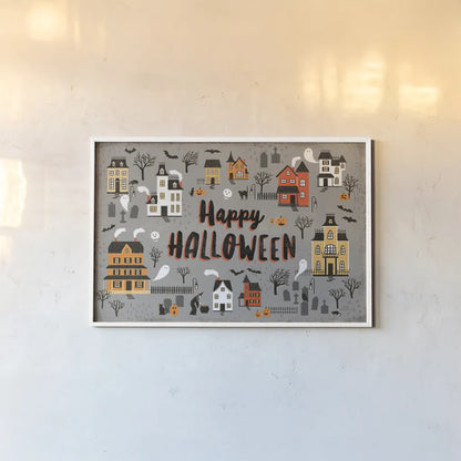 Spooky Village I Gray by Laura Marshall. shown as a paper print in a white frame. Available as a archival giclee rolled canvas, fine art paper, or poster print. SKU 48104i.