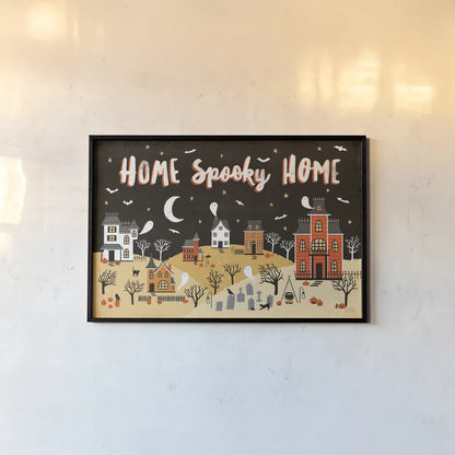 Spooky Village II by Laura Marshall. shown as a paper print in a black flame. Available as a archival giclee rolled canvas, fine art paper, or poster print. SKU 48105i.