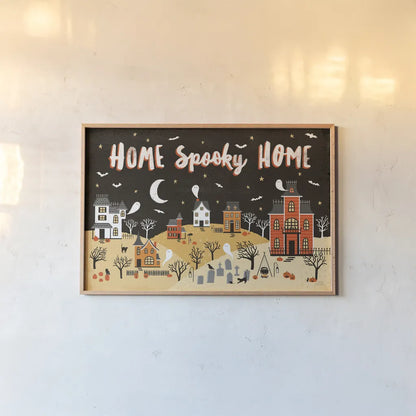Spooky Village II by Laura Marshall. shown as a paper print in a natural frame. Available as a archival giclee rolled canvas, fine art paper, or poster print. SKU 48105i.