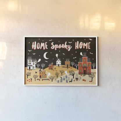 Spooky Village II by Laura Marshall. shown as a paper print in a white frame. Available as a archival giclee rolled canvas, fine art paper, or poster print. SKU 48105i.