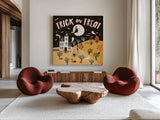Spooky Village III by Laura Marshall. Shown as extra-large giant wall art in a modern living room. Available as an archival giclee rolled canvas, fine art paper, or poster print. SKU 48106a.