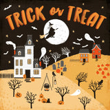 Spooky Village III Orange by Laura Marshall. SKU 49228a. Archival Giclee Fine art print for wall decor.