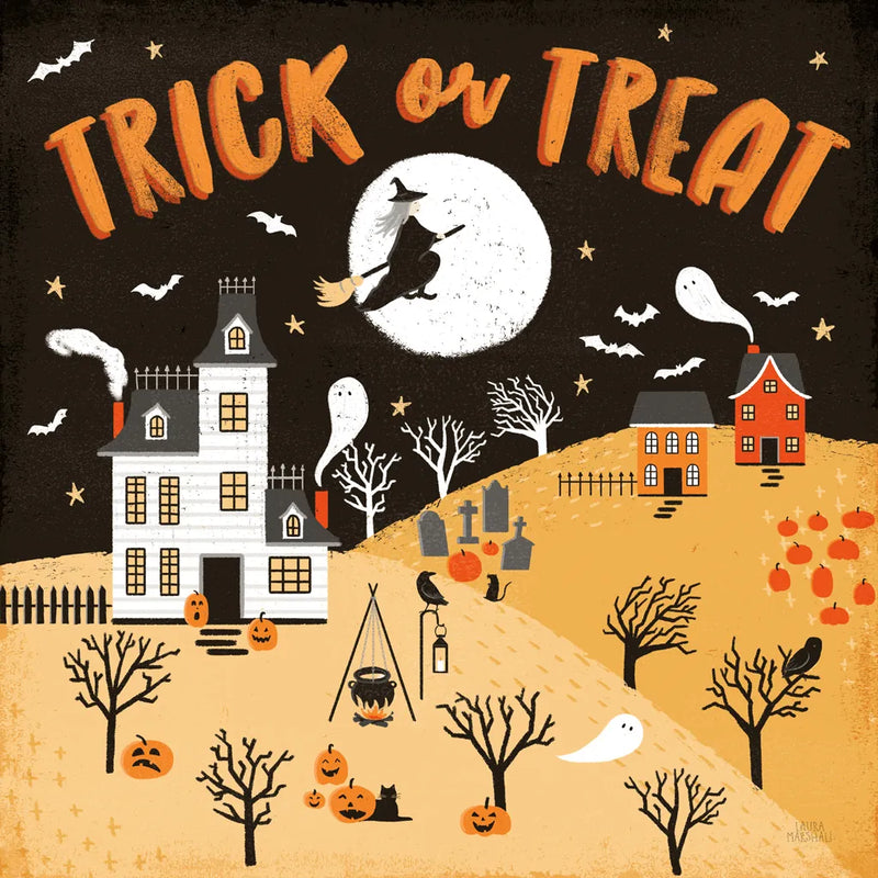 Spooky Village III Orange by Laura Marshall. SKU 49228a. Archival Giclee Fine art print for wall decor.