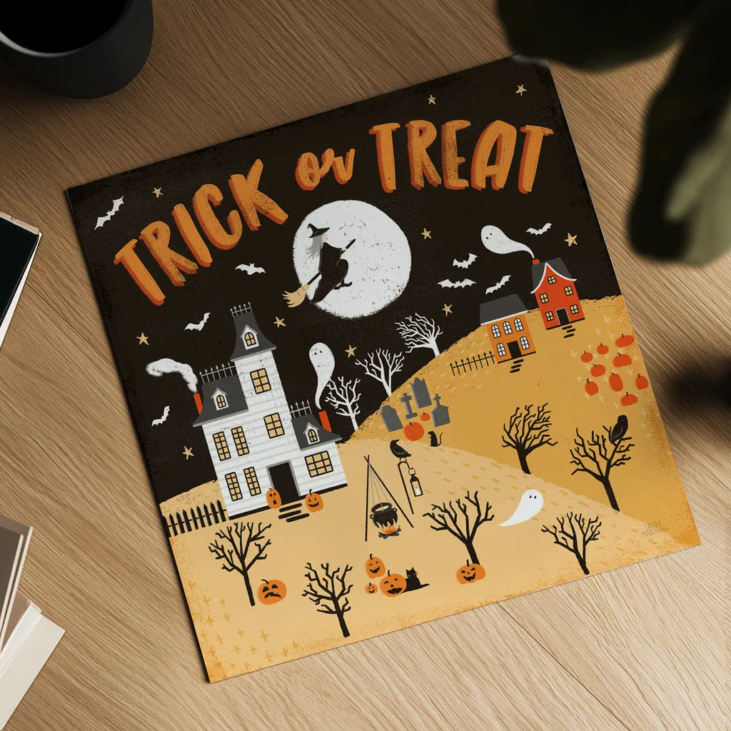 Spooky Village III Orange by Laura Marshall. Shown as a detailed flat fine art print, highlighting archival giclee quality. Available as an archival giclee rolled canvas, fine art paper, or poster print. SKU 49228a.