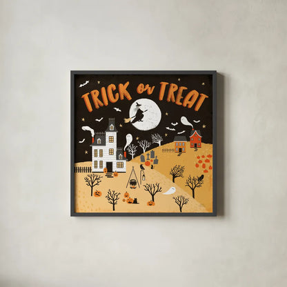 Spooky Village III Orange by Laura Marshall. Shown in a sleek black glass frame for a contemporary gallery look. Available as an archival giclee rolled canvas, fine art paper, or poster print. SKU 49228a.