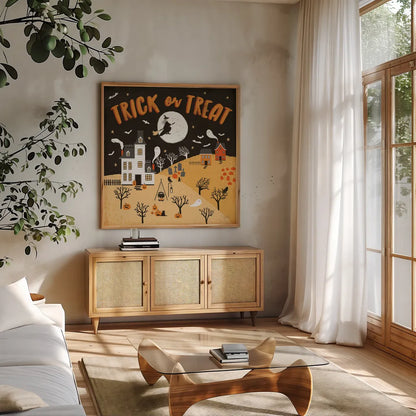 Spooky Village III Orange by Laura Marshall. Shown in a natural wood frame in a cozy modern living room. Available as an archival giclee rolled canvas, fine art paper, or poster print. SKU 49228a.
