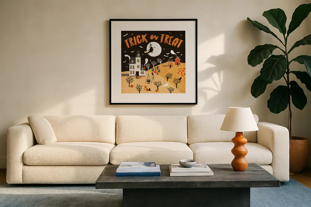 Spooky Village III Orange by Laura Marshall. Displayed in a glass frame with matte in a clean modern living room. Available as an archival giclee rolled canvas, fine art paper, or poster print. SKU 49228a.