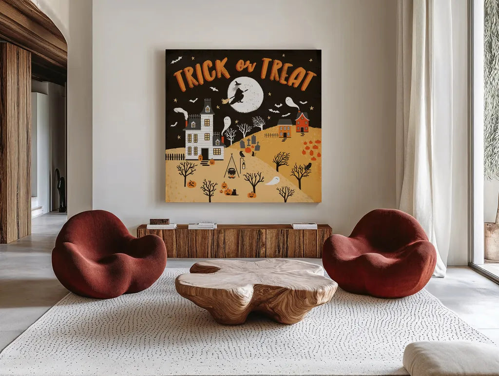 Spooky Village III Orange by Laura Marshall. Shown as extra-large giant wall art in a modern living room. Available as an archival giclee rolled canvas, fine art paper, or poster print. SKU 49228a.