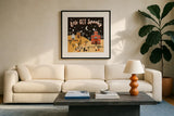 Spooky Village IV by Laura Marshall. Displayed in a glass frame with matte in a clean modern living room. Available as an archival giclee rolled canvas, fine art paper, or poster print. SKU 48107a.