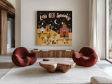 Spooky Village IV by Laura Marshall. Shown as extra-large giant wall art in a modern living room. Available as an archival giclee rolled canvas, fine art paper, or poster print. SKU 48107a.