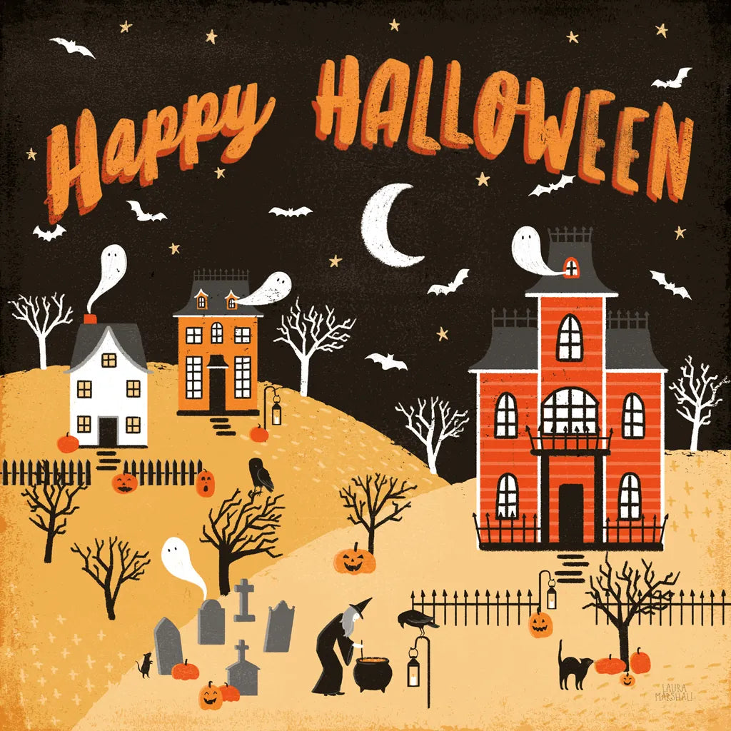 Spooky Village IV Happy Halloween by Laura Marshall. SKU 49229a. Archival Giclee Fine art print for wall decor.