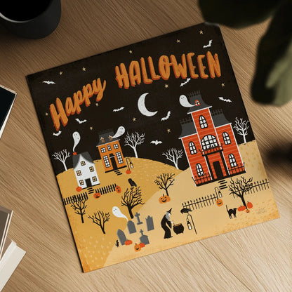 Spooky Village IV Happy Halloween by Laura Marshall. Shown as a detailed flat fine art print, highlighting archival giclee quality. Available as an archival giclee rolled canvas, fine art paper, or poster print. SKU 49229a.