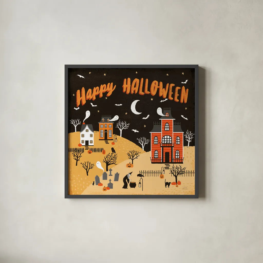 Spooky Village IV Happy Halloween by Laura Marshall. Shown in a sleek black glass frame for a contemporary gallery look. Available as an archival giclee rolled canvas, fine art paper, or poster print. SKU 49229a.