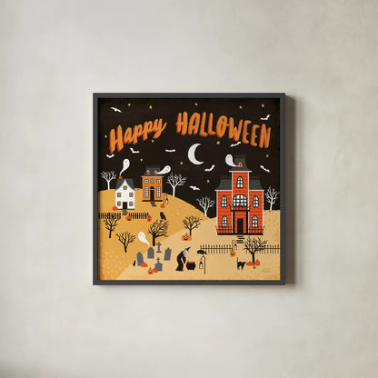 Spooky Village IV Happy Halloween by Laura Marshall. Shown in a sleek black glass frame for a contemporary gallery look. Available as an archival giclee rolled canvas, fine art paper, or poster print. SKU 49229a.
