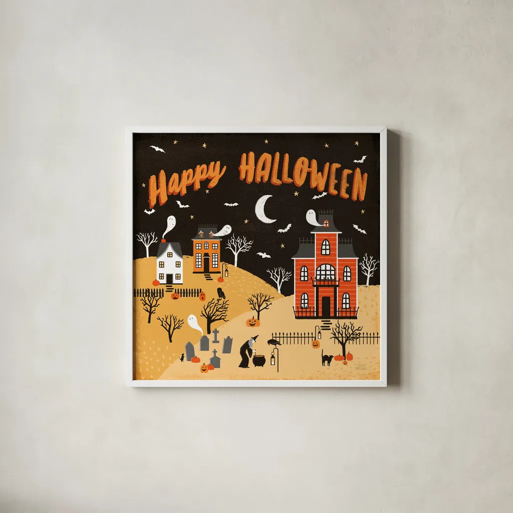Spooky Village IV Happy Halloween by Laura Marshall. Shown in a crisp white glass frame for a clean and minimalist style. Available as an archival giclee rolled canvas, fine art paper, or poster print. SKU 49229a.