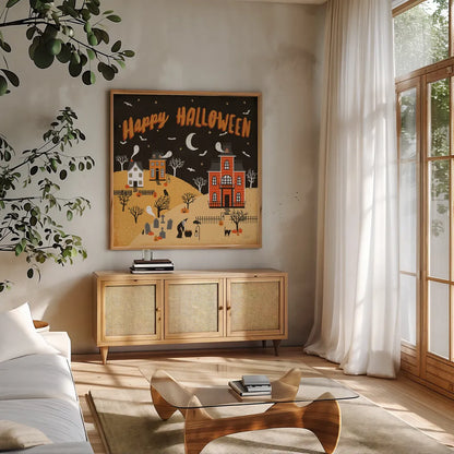 Spooky Village IV Happy Halloween by Laura Marshall. Shown in a natural wood frame in a cozy modern living room. Available as an archival giclee rolled canvas, fine art paper, or poster print. SKU 49229a.