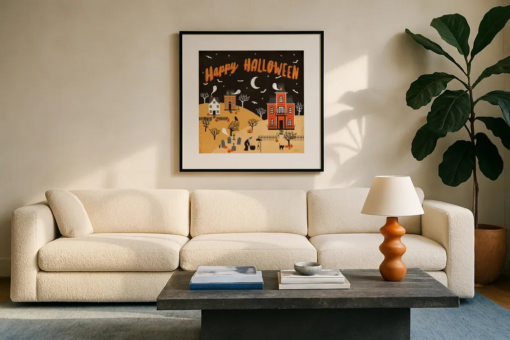 Spooky Village IV Happy Halloween by Laura Marshall. Displayed in a glass frame with matte in a clean modern living room. Available as an archival giclee rolled canvas, fine art paper, or poster print. SKU 49229a.