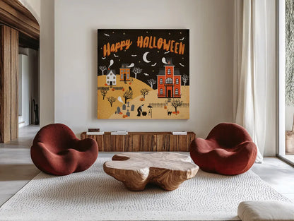Spooky Village IV Happy Halloween by Laura Marshall. Shown as extra-large giant wall art in a modern living room. Available as an archival giclee rolled canvas, fine art paper, or poster print. SKU 49229a.