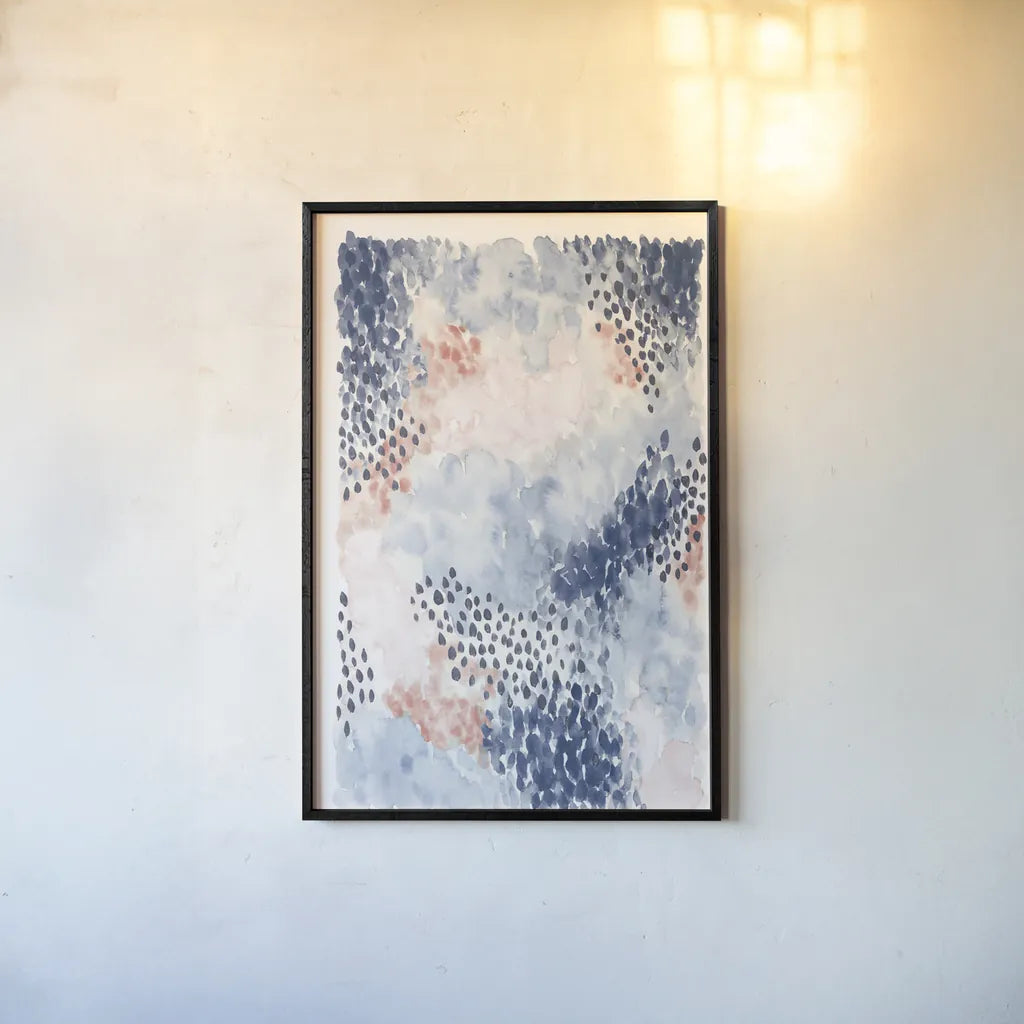 Spring Blooms I Blue by Laura Marshall. shown as a paper print in a black flame. Available as a archival giclee rolled canvas, fine art paper, or poster print. SKU 54047h.