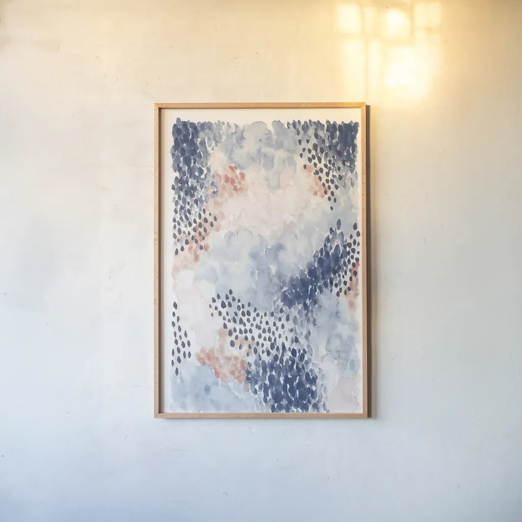 Spring Blooms I Blue by Laura Marshall. shown as a paper print in a natural frame. Available as a archival giclee rolled canvas, fine art paper, or poster print. SKU 54047h.