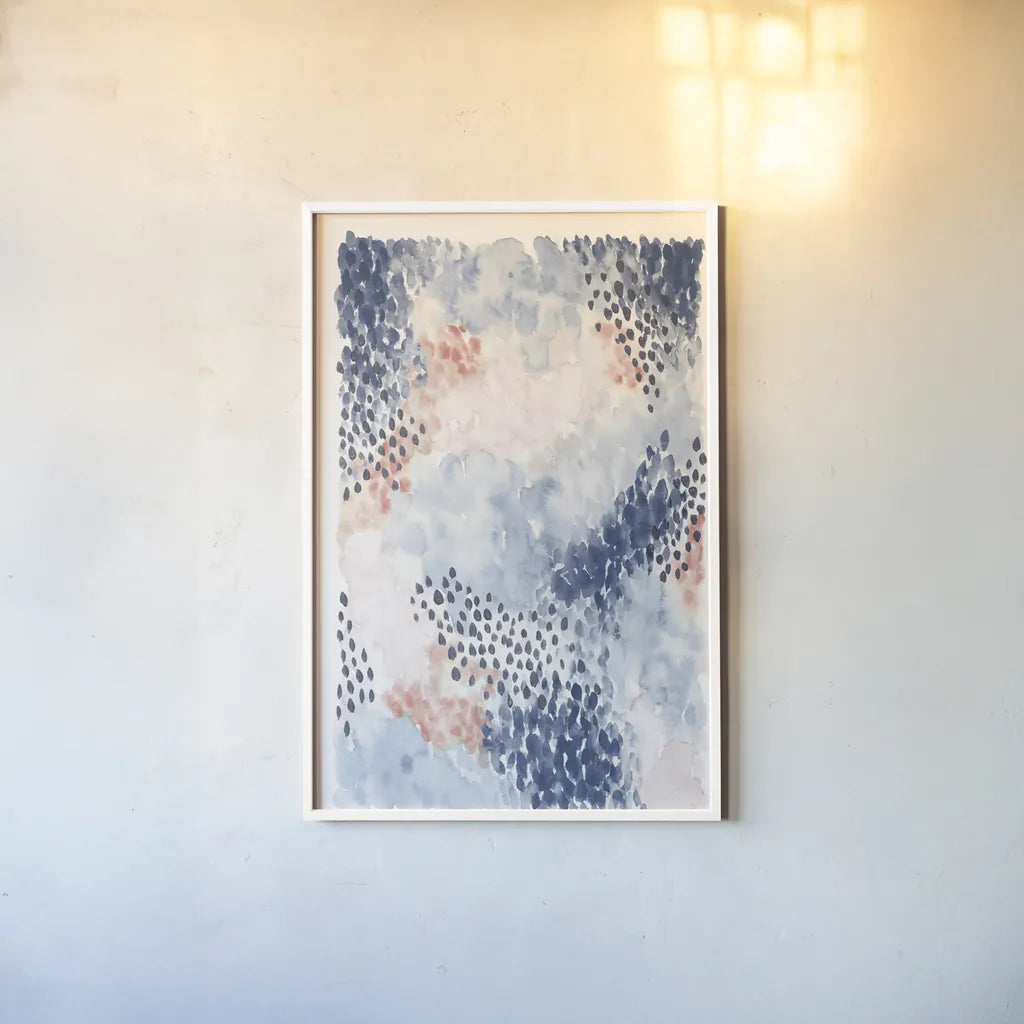 Spring Blooms I Blue by Laura Marshall. shown as a paper print in a white frame. Available as a archival giclee rolled canvas, fine art paper, or poster print. SKU 54047h.