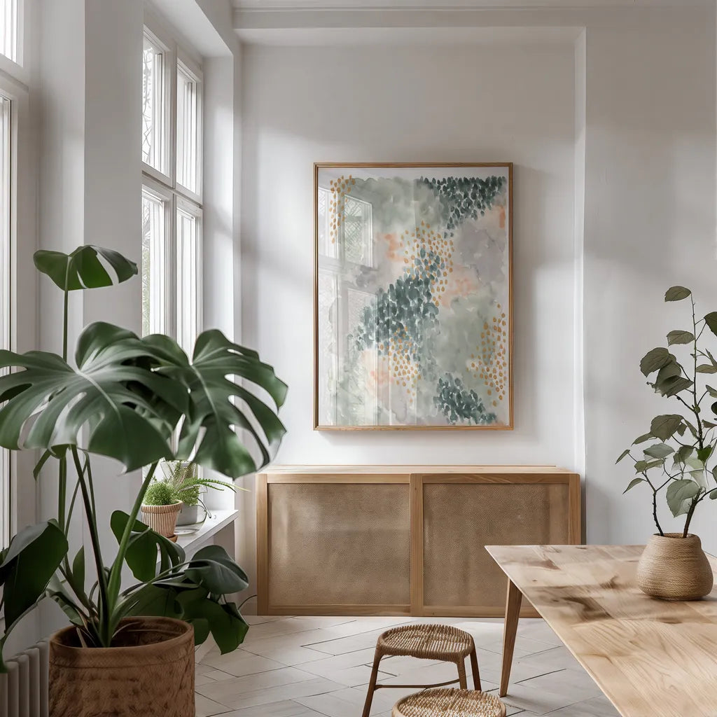 Spring Blooms II by Laura Marshall. shown as a print in a natural wood frame in a dining room. Available as a archival giclee rolled canvas, fine art paper, or poster print. SKU 51632h.