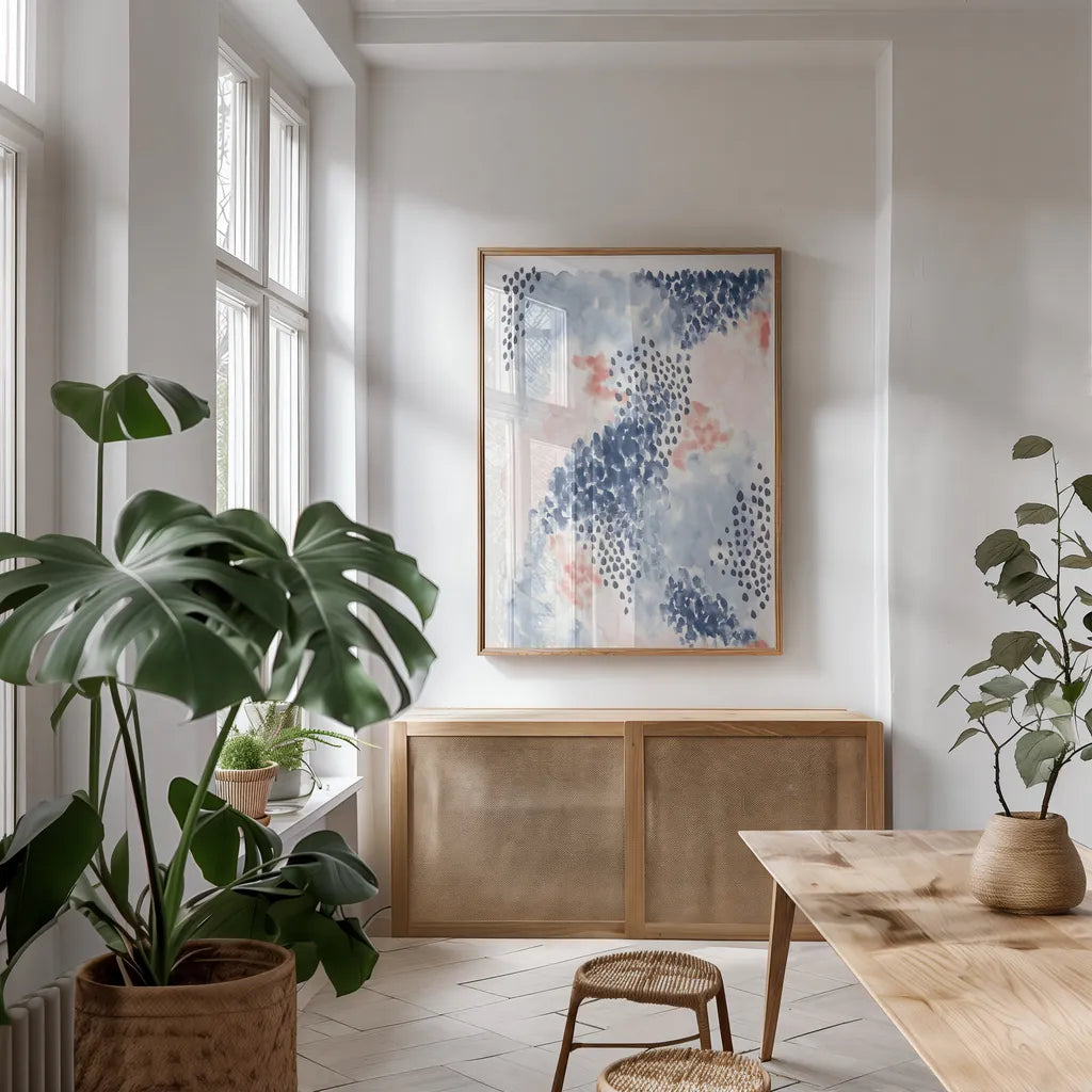 Spring Blooms II Blue by Laura Marshall. shown as a print in a natural wood frame in a dining room. Available as a archival giclee rolled canvas, fine art paper, or poster print. SKU 54048h.