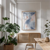 Spring Blooms II Blue by Laura Marshall. shown as a print in a natural wood frame in a dining room. Available as a archival giclee rolled canvas, fine art paper, or poster print. SKU 54048h.