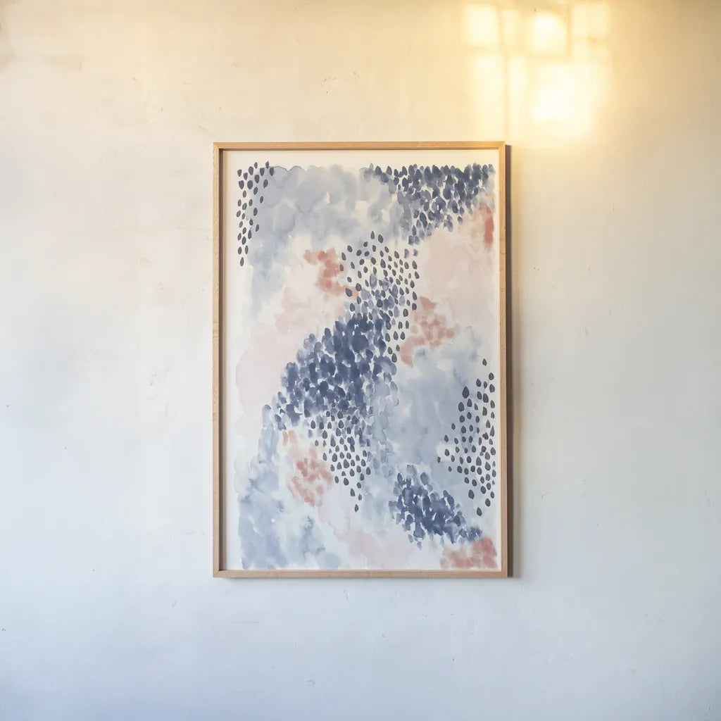 Spring Blooms II Blue by Laura Marshall. shown as a paper print in a natural frame. Available as a archival giclee rolled canvas, fine art paper, or poster print. SKU 54048h.