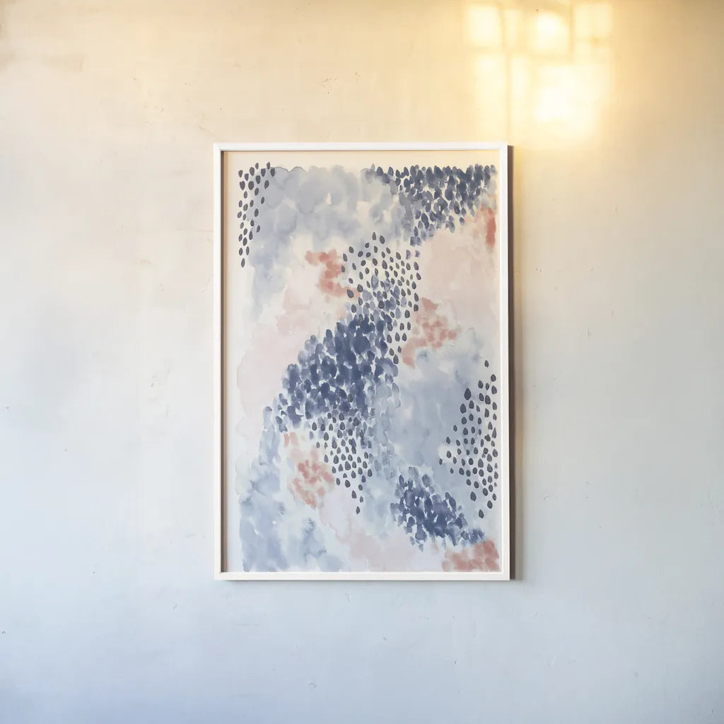 Spring Blooms II Blue by Laura Marshall. shown as a paper print in a white frame. Available as a archival giclee rolled canvas, fine art paper, or poster print. SKU 54048h.