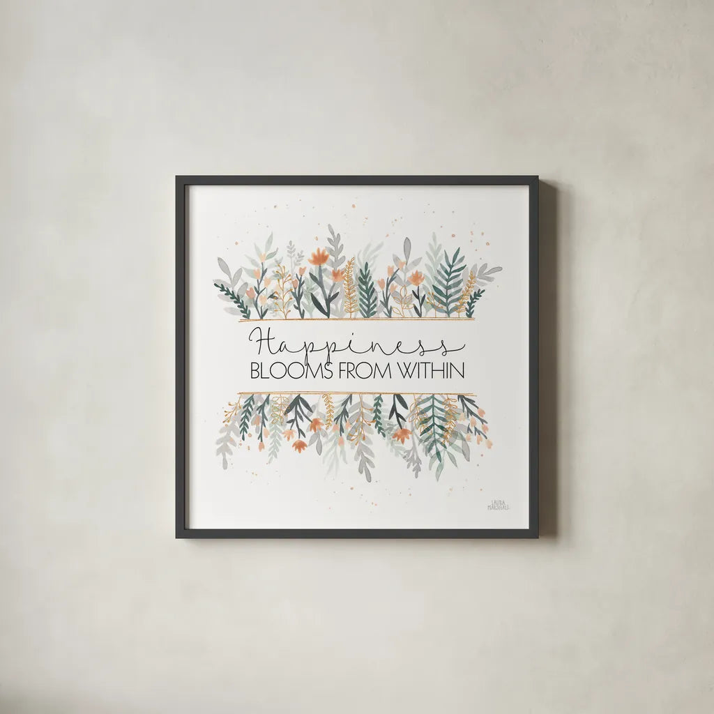 Spring Blooms III by Laura Marshall. Shown in a sleek black glass frame for a contemporary gallery look. Available as an archival giclee rolled canvas, fine art paper, or poster print. SKU 51633a.